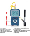 Rugged Digital Metal Hardness Tester Kit With Boss Level Display And Straight Reading HLD HB HV HRA HRB HRC Scales Plus Heavy Duty Strike Hammer For Garage Jobs showing LCD display and control buttons.