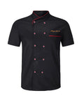 Personalized Chef Coat Custom Embroidered Name Dual Button Kitchen Jacket Pro Level Grind Heavy Cotton Build in black with red trim.