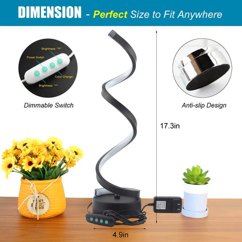 Dope 12W LED Table Lamp With Dimmable Spiral Design And 3 Color Modes Bedside Desk Light For Bedroom Living Room Office Nightstand Bookshelf Black Great For Reading And Mood Lighting, featuring anti-slip base and dimmable switch.