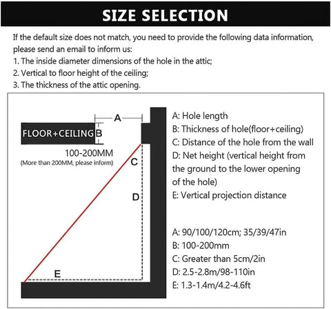 Size selection guide for Slick Pull Down Attic Ladder Featuring Smooth Glide Telescopic Rails And Heavy Duty Antislip Base.