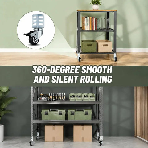 Heavy Duty Swivel Casters Badass Strength Storage Rack Wheels For Shelves Tables And Cabinets Supporting Up To 720 Lbs Total Weight Without Breaking A Sweat Garage Ready on a mobile shelving unit with boxes.