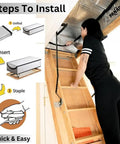 Attic Stairs Insulation Cover 25x54x11 Inch installation steps, woman installing Class A fireproof attic door insulation.