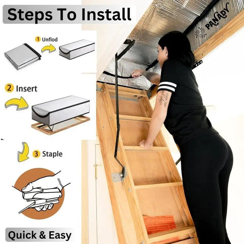 Attic Stairs Insulation Cover 25x54x11 Inch installation steps, woman installing Class A fireproof attic door insulation.