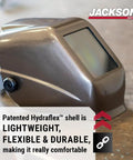 HLX 100 Welding Hood Lightweight Fixed Front Helmet Shade 10 ANSI Z87.1 Hydraflex Shell shown in heavy metal gray on a table.