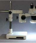 Trinocular Stereo Microscope With Boom Stand WH10X Eyepieces 20X And 40X Magnification 2X And 4X Objectives 8W Fluorescent Ring Light 110V To 120V Great For Home Or Classroom Use Hands On Inspections Of Biological Specimens Rocks Stamps Jewelry on boom stand