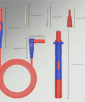 Ultra Sharp Multimeter Test Leads Kit with gold-plated probes, silicone insulation, universal compatibility, and size details shown.