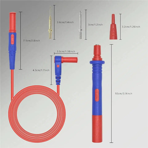Ultra Sharp Multimeter Test Leads Kit with gold-plated probes, silicone insulation, universal compatibility, and size details shown.