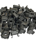 Premium Black Oxide 12-24 Thread Cage Nuts 50 Pack Bulk Snap In Server Rack Mount Hardware in a pile, showing snap-in design.