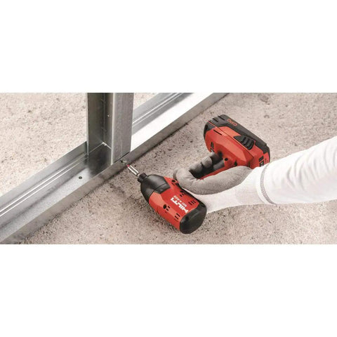22 Volt Cordless Impact Driver Body With Quarter Inch Hex Chuck High Torque Lithium Ion Power Black Red Design in use