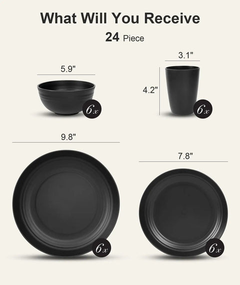 Unbreakable 24 Piece Dinnerware Set For Six With Plates Bowls And Cups, showing dimensions and quantities of each item.