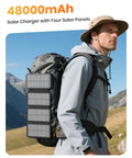 Outdoor Power Bank With 48000mAh Solar Charger Wireless Portable Battery Pack With Built In 4 Cables And 4 Solar Panels attached to a backpack