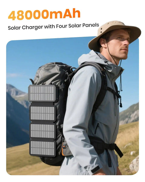 Outdoor Power Bank With 48000mAh Solar Charger Wireless Portable Battery Pack With Built In 4 Cables And 4 Solar Panels attached to a backpack
