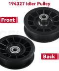 Front and back view of 194327 idler pulley, part of 2 Pack V Groove Idler Pulleys And Flat Idler Pulley Belt Kit For Husqvarna YTH Series Lawn Mowers