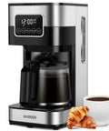 10 Cup Programmable Coffee Maker With Regular And Strong Brew Auto Shut Off Permanent Filter Easy LCD Touch Screen Great For Home Or Office Silver Finish displayed with croissants and coffee cup