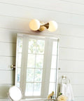 Two Light Wall Sconce For Bathroom Vanity And Mirror Front Light With E27 Socket, Round Glass Shade, Copper And Glass Finish