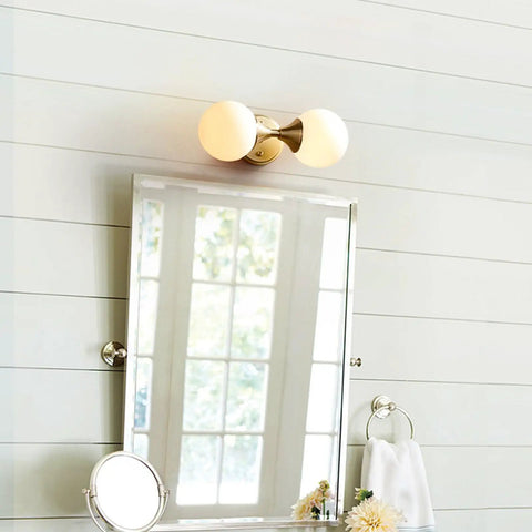 Two Light Wall Sconce For Bathroom Vanity And Mirror Front Light With E27 Socket, Round Glass Shade, Copper And Glass Finish