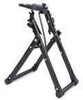 Foldable Wheel Truing Stand For 16 To 29 Inch Wheels, Space Saving Maintenance Holder, shown folded in black aluminum