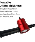 Red Double Head Sheet Metal Cutter Drill Attachment displayed with cutting thickness details for various materials.