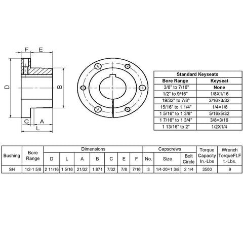 Technical drawing of Top Shelf One Inch QD Quick Disconnect Bushing Carbon Steel SH Style Fixed Bore for Pulleys and Sheaves.
