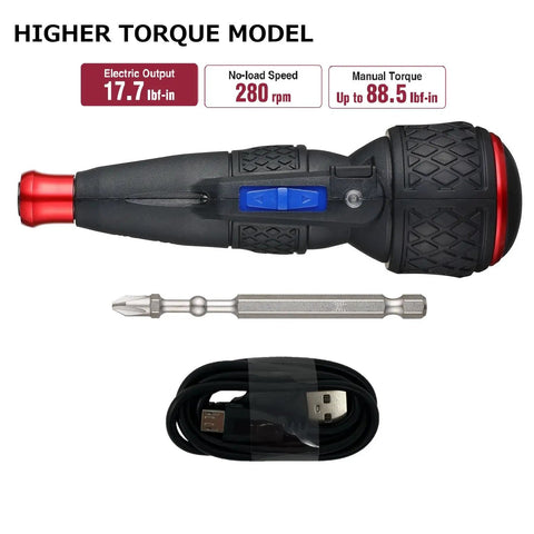 Two Way USB Powered And Manual Screwdriver with USB cable and interchangeable quarter inch hex bits, high torque, Made in Japan.