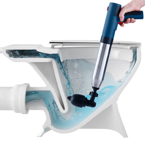 5 In 1 High Pressure Air Drain Blaster Plunger Kit For Toilet Sink Bathtub Shower And Floor Drains clearing a toilet clog.