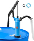 Straight Up Dead Simple Lever Action Drum Pump Fits 5 To 55 Gallon Barrels with suction tube on blue barrel.