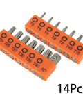 Get Your Hands On A Sweet Set Of 14 Torx Bits, Each One Measuring Precisely 25mm For All Your Electric Screwdriver Needs. Made From Tough Alloy Steel So You Can Tackle Any Repairs Without Worrying About Wear And Tear. Perfect For Tech Geeks, Mechanics, 14pc Torx bits set in orange holder, 25mm alloy steel, T5-T40 for electric screwdriver repairs