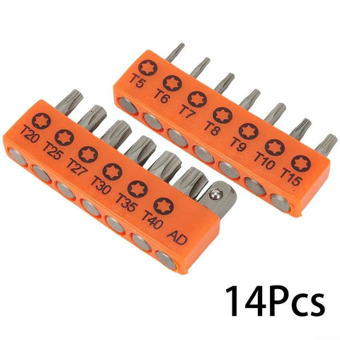 Get Your Hands On A Sweet Set Of 14 Torx Bits, Each One Measuring Precisely 25mm For All Your Electric Screwdriver Needs. Made From Tough Alloy Steel So You Can Tackle Any Repairs Without Worrying About Wear And Tear. Perfect For Tech Geeks, Mechanics, 14pc Torx bits set in orange holder, 25mm alloy steel, T5-T40 for electric screwdriver repairs