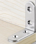 Close-up view of Rock Solid Stainless Steel L Brackets Corner Connectors, showing right angle support for DIY furniture projects.