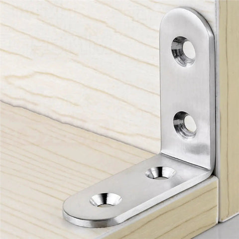 Close-up view of Rock Solid Stainless Steel L Brackets Corner Connectors, showing right angle support for DIY furniture projects.
