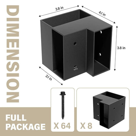 Heavy Duty 3 Way Right Angle Corner Bracket Set For 1.5x3.5 Inch Wood, 8 Pack With Screws, dimensions and package contents shown.