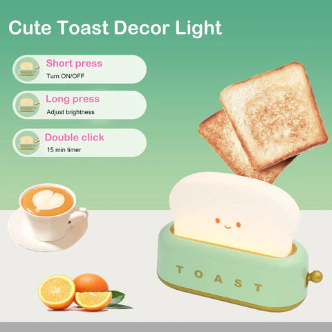 Cute Toast Lamp With Smile Face Night Light LED Dimmable Bread Light Rechargeable Desk Decor Lamp With Timer Sleep Lamp For Bedroom Bedside Ambience Cozy Lit Gift For Teens Girls Green on a green background with instructions and orange slices