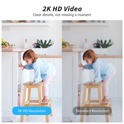 Comparison of 2K HD video resolution vs standard, showing a child on a stool captured by Indoor Security Camera Set With 5G And 2.4G WiFi.