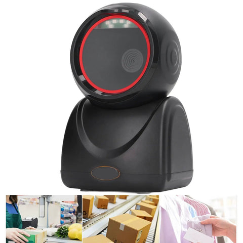 Desktop USB Barcode Scanner with Omnidirectional Reader and Auto Sensing for Fast Checkout in Supermarkets and Bookstores, front view.