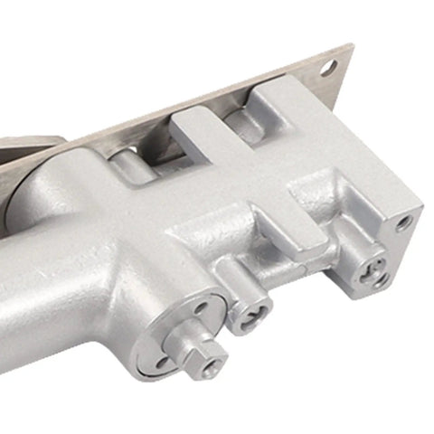 Close-up of Pro Grade Hydraulic Door Closer With Adjustable Speed And Silent Switch For Safe Seamless Close Cast Aluminum Body