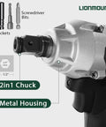 20V Brushless Cordless Impact Wrench And Driver Kit with metal housing, 2-in-1 chuck, screw bits, 1/2 inch square, 1/4 inch hex