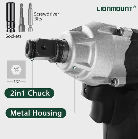 20V Brushless Cordless Impact Wrench And Driver Kit with metal housing, 2-in-1 chuck, screw bits, 1/2 inch square, 1/4 inch hex