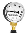 Pressure canner gauge with 0–20 psi scale, front view, brass threaded connector and Read Instructions Before Operating.
