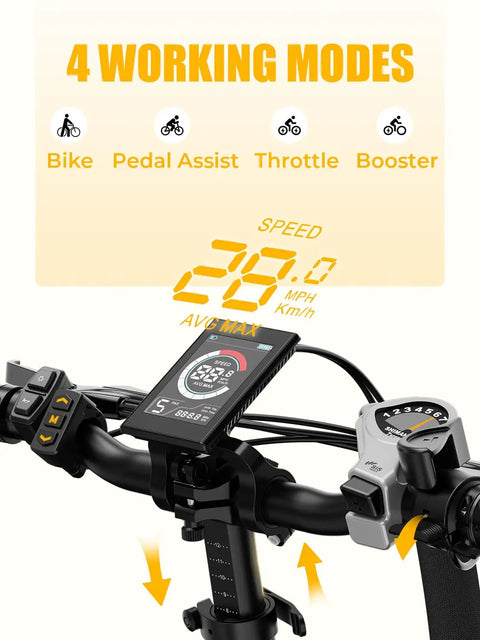 Ranger 2.0 Electric Bike Rollin Easy At 25 Mph With A Beefy 55 Mile Range showing digital display for speed and 4 working modes.