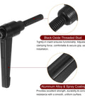 Eight Pack Adjustable Clamping Lever Handles M6 X 25mm Male Thread Bolts with rotating screw, black aluminum, industrial use.