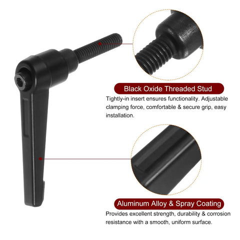 Close-up of Black Aluminum Alloy Adjustable Clamping Lever Handle with Black Oxide Threaded Stud for secure grip and easy installation.