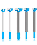 Front view of five NUSHKI 22mm carbide-tipped hinge boring hole saw drill bits set with blue handles