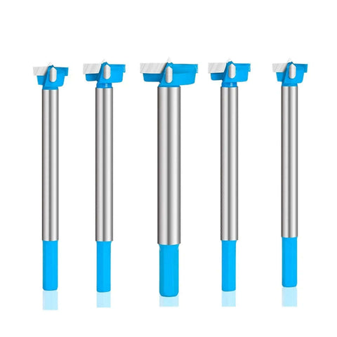 Front view of five NUSHKI 22mm carbide-tipped hinge boring hole saw drill bits set with blue handles