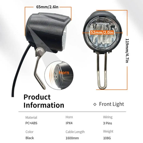 Electric Bicycle Headlight And Tail Light Horn Switch Cable Parts Rubber Ebike Accessories Replacement Kit With Five Plus One Color Options For Safer Night Rides Yall, black front light specifications