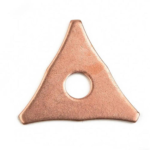Copper plated triangular pad from Copper Plated Welding Washer Pads Set For Auto Sheet Metal, 50 Mixed Pads In Triangular And Star Shapes.
