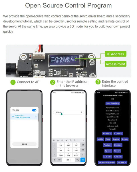 Open source control demo, interface for 30Kg Serial Bus Servo With Beefy Torque And Precision Programmable 360 Degree Magnetic Encoder.