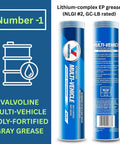 Valvoline Multi-Vehicle Moly-Fortified Gray Grease cartridge, lithium-complex EP, NLGI #2, front and back view.