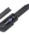 Side view of Heyco 8-in-1 brake fluid tester, black handheld with exposed battery compartment and detached cap.