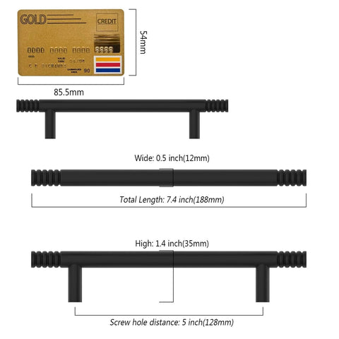 Dimensions of Matte Black Solid Cabinet Pulls 5 Inch 128mm Hole Centers Pack Of 10 Kitchen Handles Hardware ZH0070