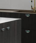 2 Pack Peacock Floral Art Cabinet Handles With Customizable Panels, 3 Inch Hole Center Semicircle Brushed Nickel Drawer Pulls in kitchen
